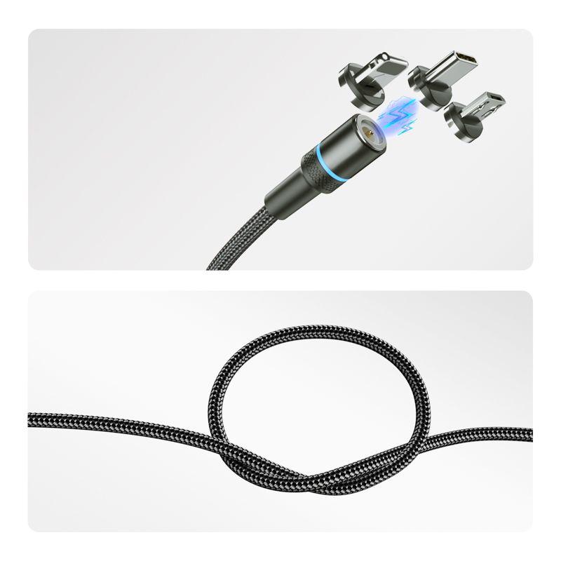 Кабель USB 3в1 со съемными магнитными портами Type-С (2А) Lightning (2.4А) Micro USB (2А) 1.2м черн. оплетка LED подсветка Rexant 18-7076