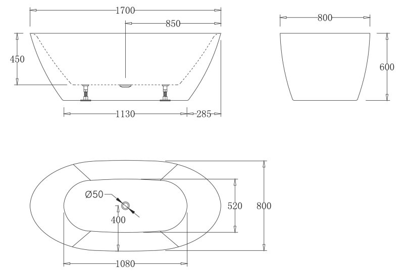 Акриловая ванна без перелива BELBAGNO BB77-1700-W0