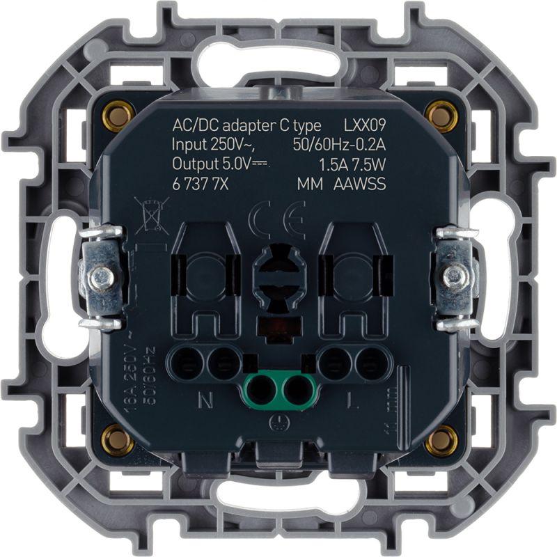 Розетка 1-м СП Inspiria 16А IP20 250В 2P+E немецк. стандарт с заряд. устройством USB тип C 1.5А 5В механизм сл. кость Leg 673771