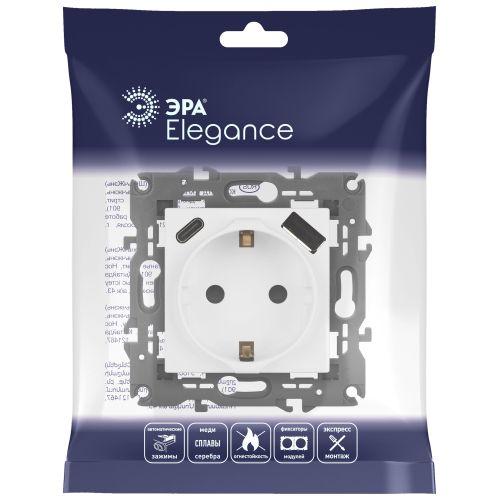 Розетка Elegance 14-4108-01М 16A 250В 2P+E защ. шторки с USB type-A+C 3А 5В матов. бел. Эра Б0067710