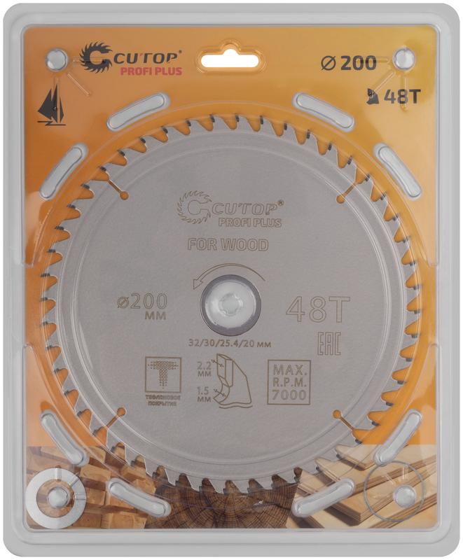 Диск пильный по дереву с тефлоновым покрытием 48Т Profi plus 200х1.5/2.2х32/30/25.4/20мм Cutop 75-20048Т