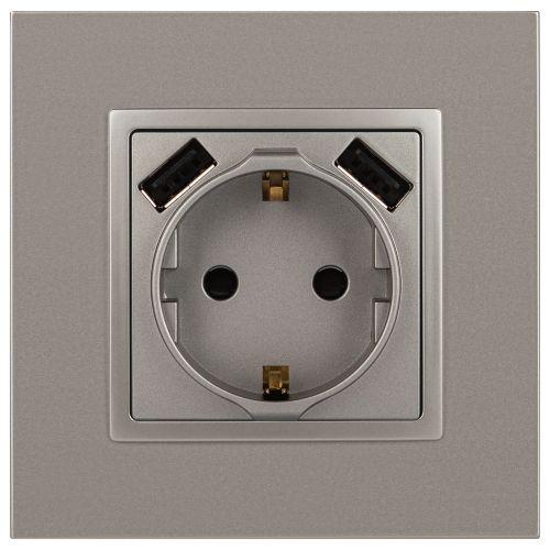 Розетка Elegance 14-4109-16 16A 250В 2P+E защ. штор. с 2xUSB 3А 5В титан Эра Б0065775