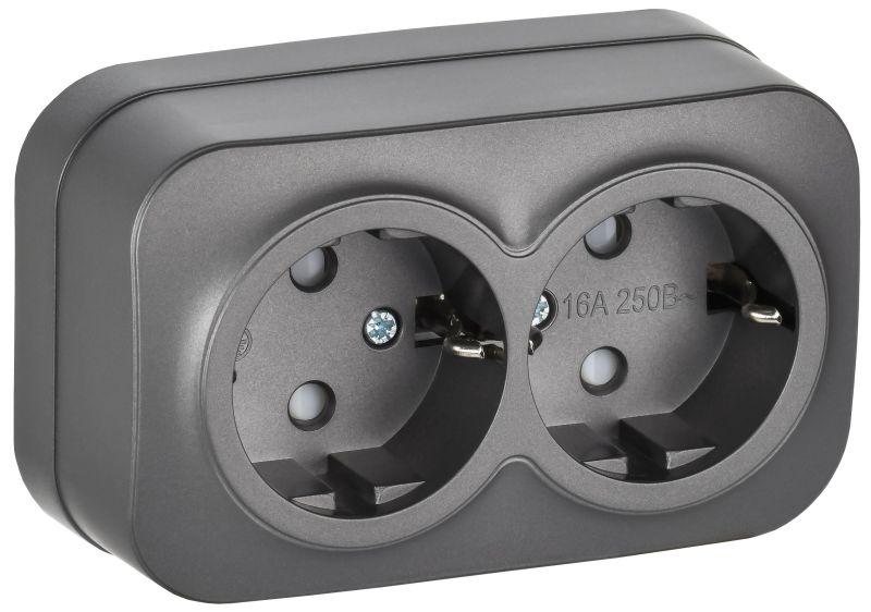 Розетка 2-м ОП GLORY РСш22-3-ХСм 16А с заземл. защ. шторки сталь матов. IEK ERH24-K46M-16