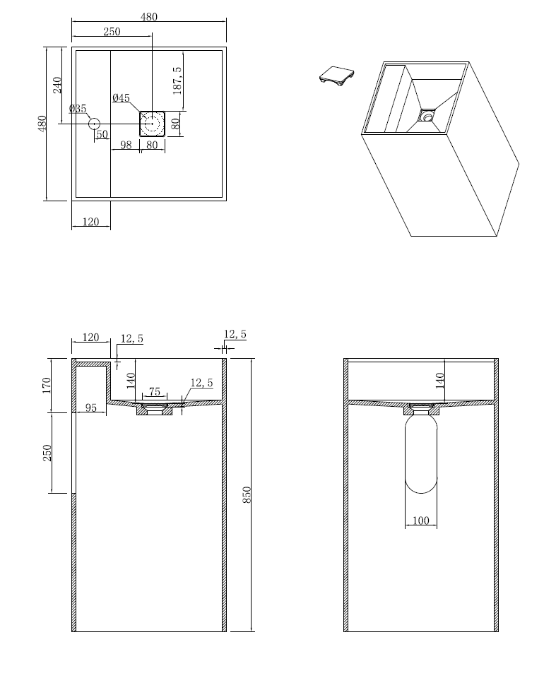 Раковина напольная Cube Corian 480*480*850 Grey base+white veins