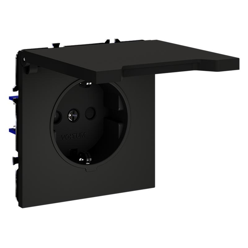 Розетка 1-м СП S70 16А с заземл. защ. шторки + крышка механизм черн. матов. Voltum VLS040308