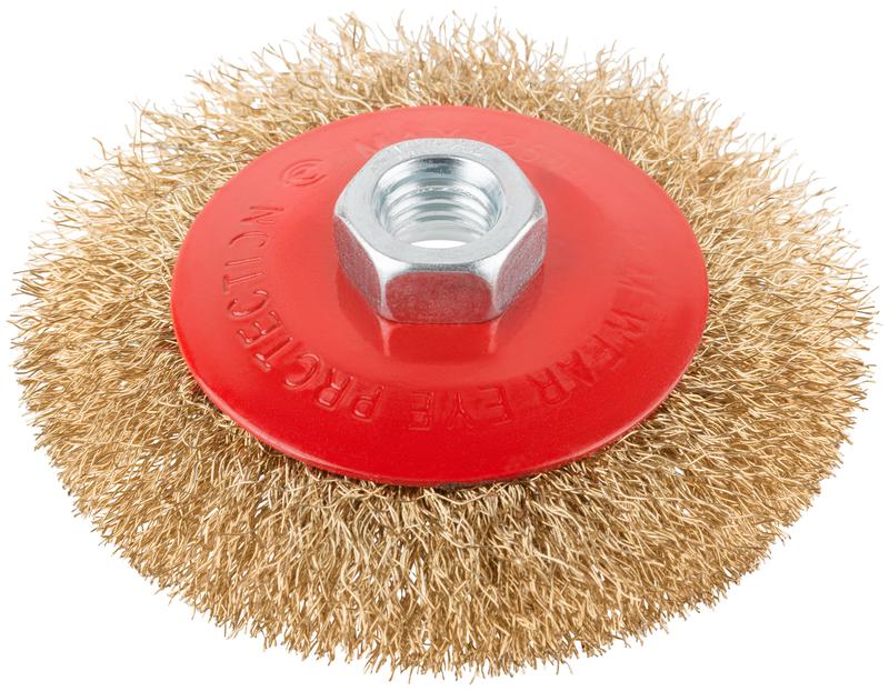 Корщетка-колесо с наклоном гайка М14 стальная волнистая латунированная проволока 100мм КУРС 39021