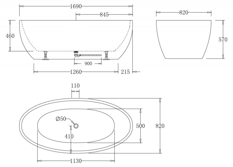 Акриловая ванна без перелива BELBAGNO BB69-1700-W0, 1700x820x600