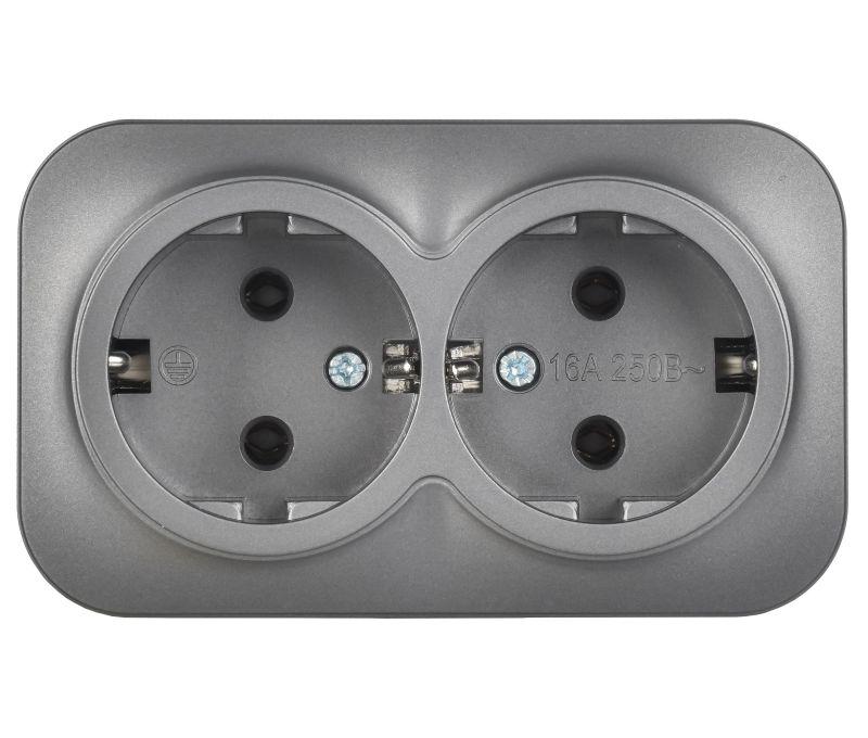 Розетка 2-м ОП GLORY РС22-3-ХСм 16А с заземл. без защ. шторок сталь матов. IEK ERH21-K46M-16