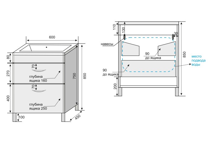 Тумба напольная "Каре 60" (2 ящ.) Люкс белая, PLUS