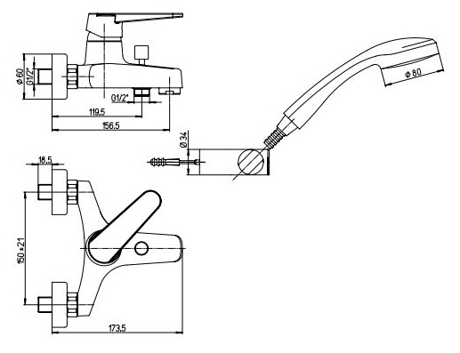 Смеситель Paini Ventus 93CR105KM для ванны с душевым набором