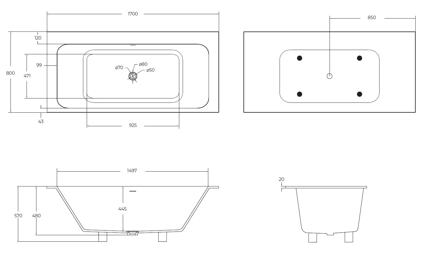 Ванна из искусственного камня Solid Surface CEZARES CZR-SLIDER-170-80-57-SSB