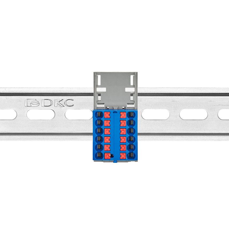 Блок распределительный с вертикал. адаптером на рейки шир. 15/35мм зажим push-in 12 точек подключения 2.5кв.мм син. DKC DTP1-012-04SPUB-V