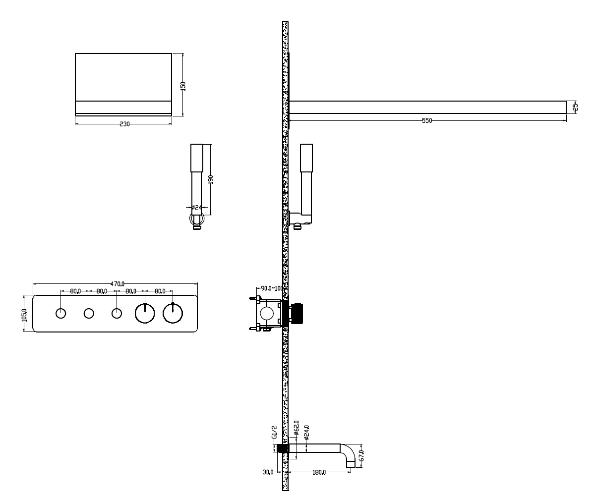 Встроенная душевая система FUSION с термостатом, трехпозиционная Copper Brushed с изливом