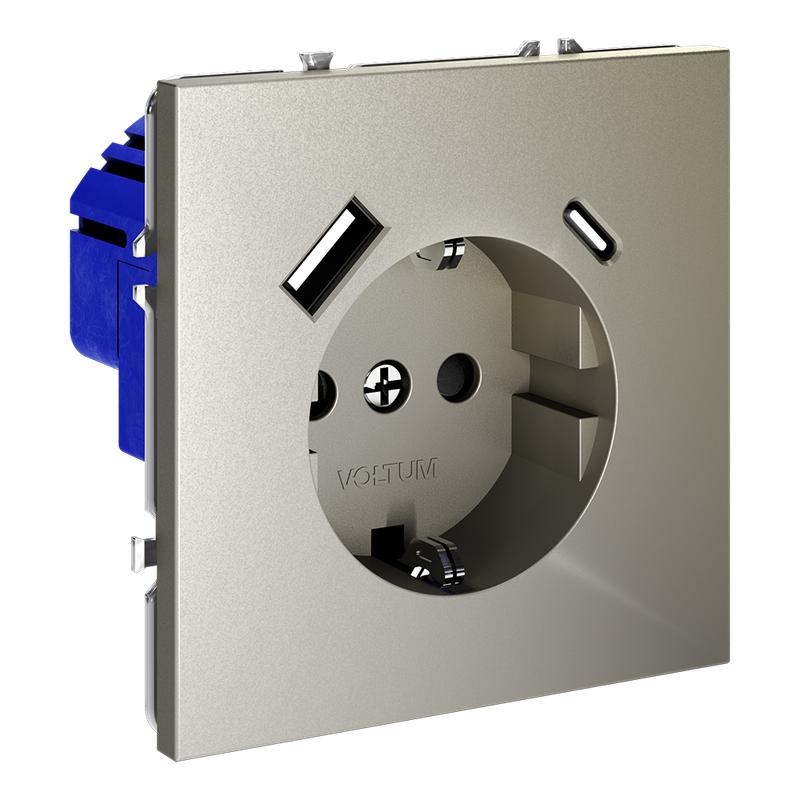 Розетка 1-м СП S70 16А с USB A+С с заземл. защ. шторки механизм шелк Voltum VLS040504
