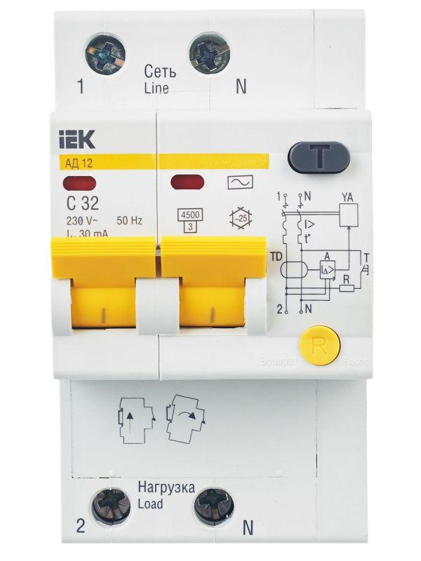 Выключатель автоматический дифференциального тока 2п C 32А 30мА тип AC 4.5кА АД-12 KARAT IEK MAD10-2-032-C-030