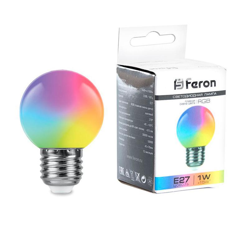 Лампа светодиодная 1Вт 230В E27 RGB G45 LB-37 матов. плавная сменая цвета FERON 38116