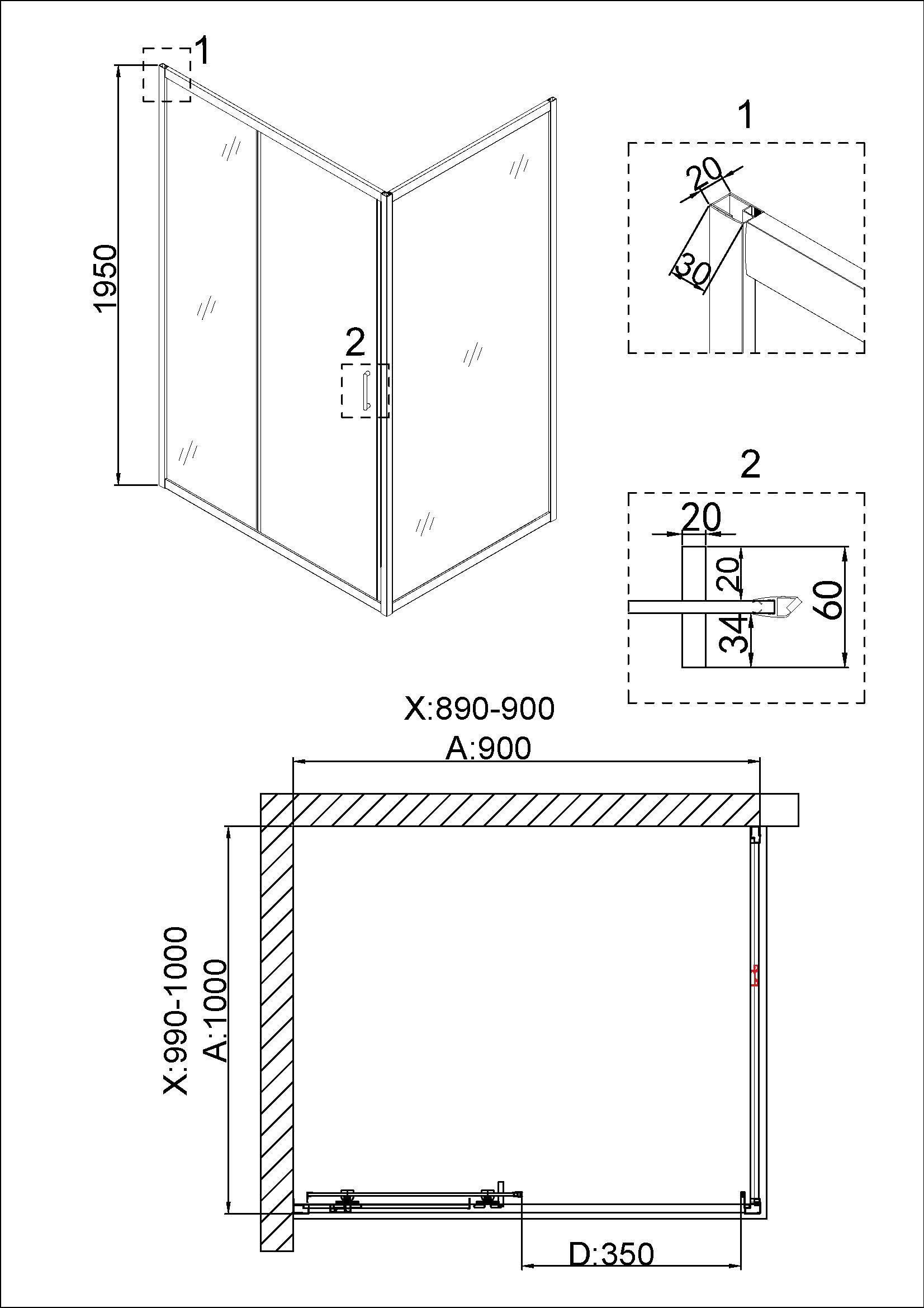 Душевое ограждение NG-42-9AG-A100G (90*100*195) прямоугольник, дверь раздвижная