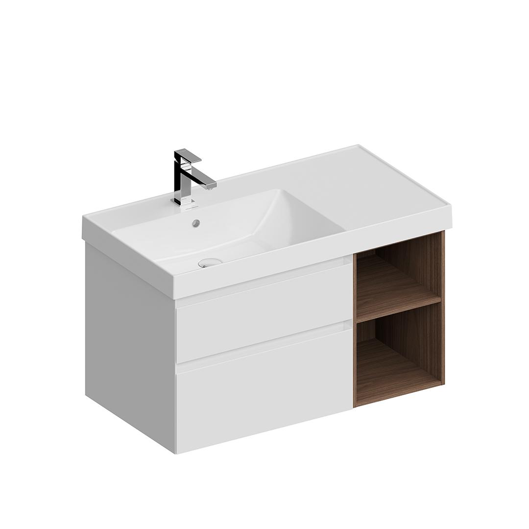 Тумба CUBO левая подвесная с ящиками 90, белая матовая-древесная