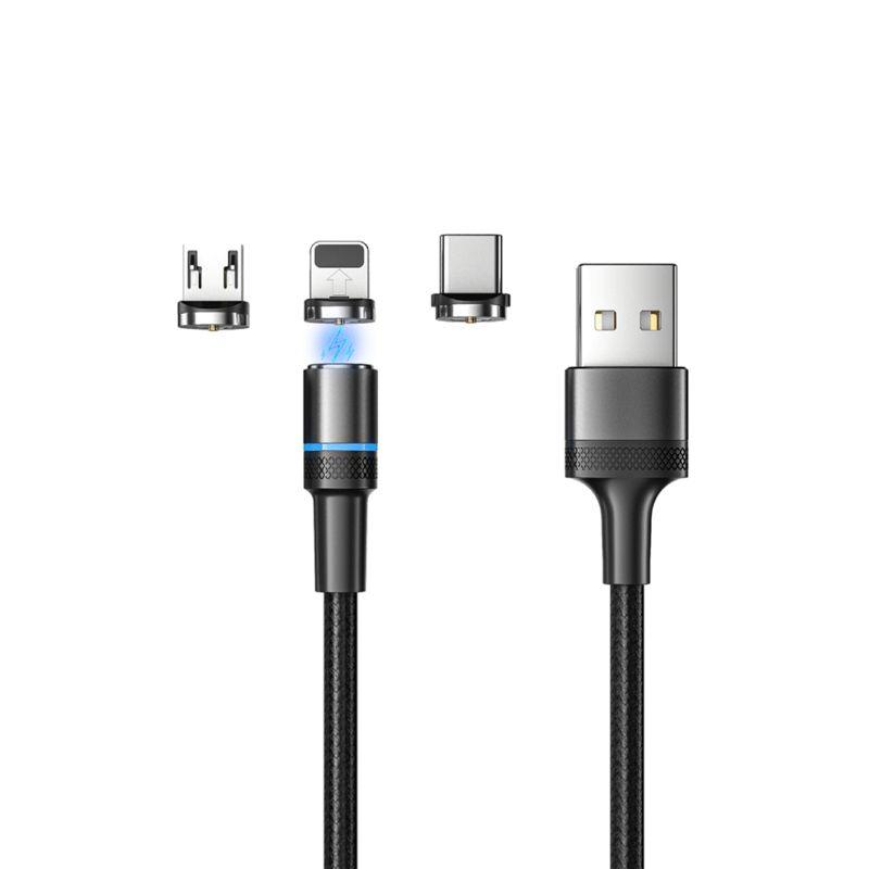 Кабель USB 3в1 со съемными магнитными портами Type-С (2А) Lightning (2.4А) Micro USB (2А) 1.2м черн. оплетка LED подсветка Rexant 18-7076