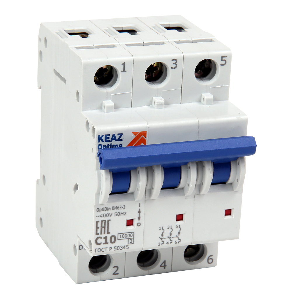 Выключатель автоматический трехполюсный 10А B 6кА AC OptiDin BM63-3B10-ОМ4-РЕГ