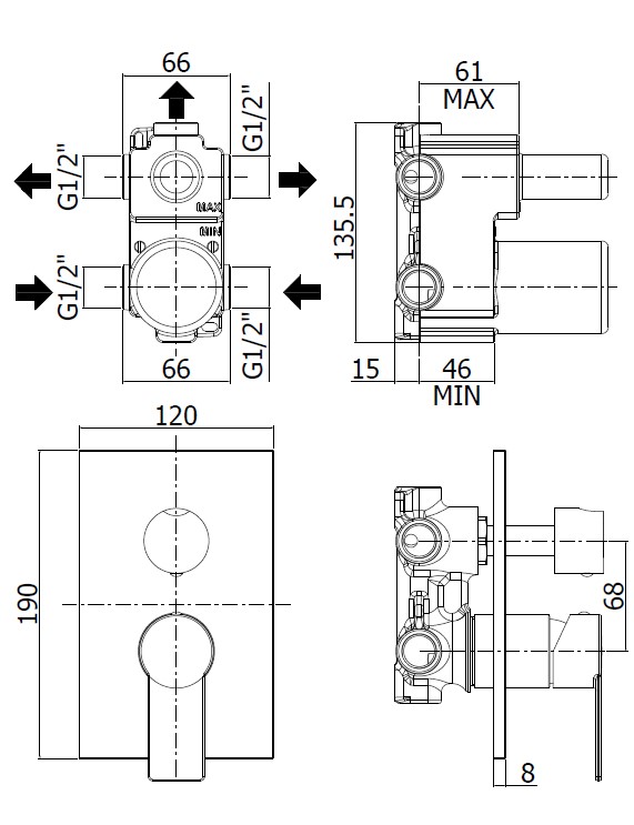 Смеситель встраиваемый для душа на 3 выхода Paffoni TANGO TA019CR/M встраиваемый на 3 выхода Хром