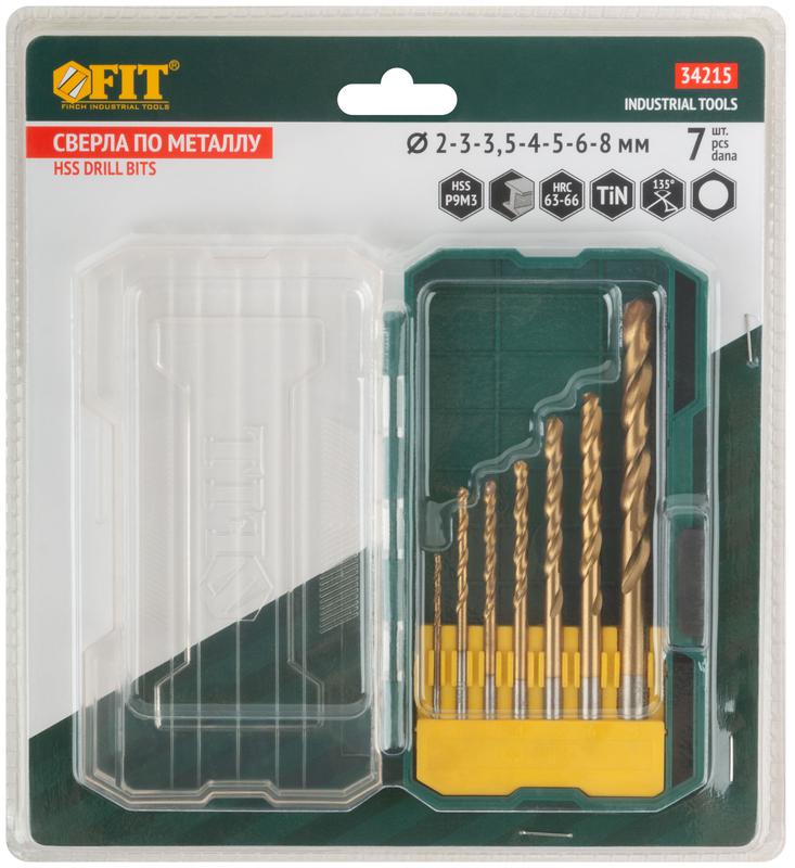 Набор сверл HSS пометаллу титановое покрытие (уп.7шт) (2-3-3.5-4-5-6-8мм) FIT 34215