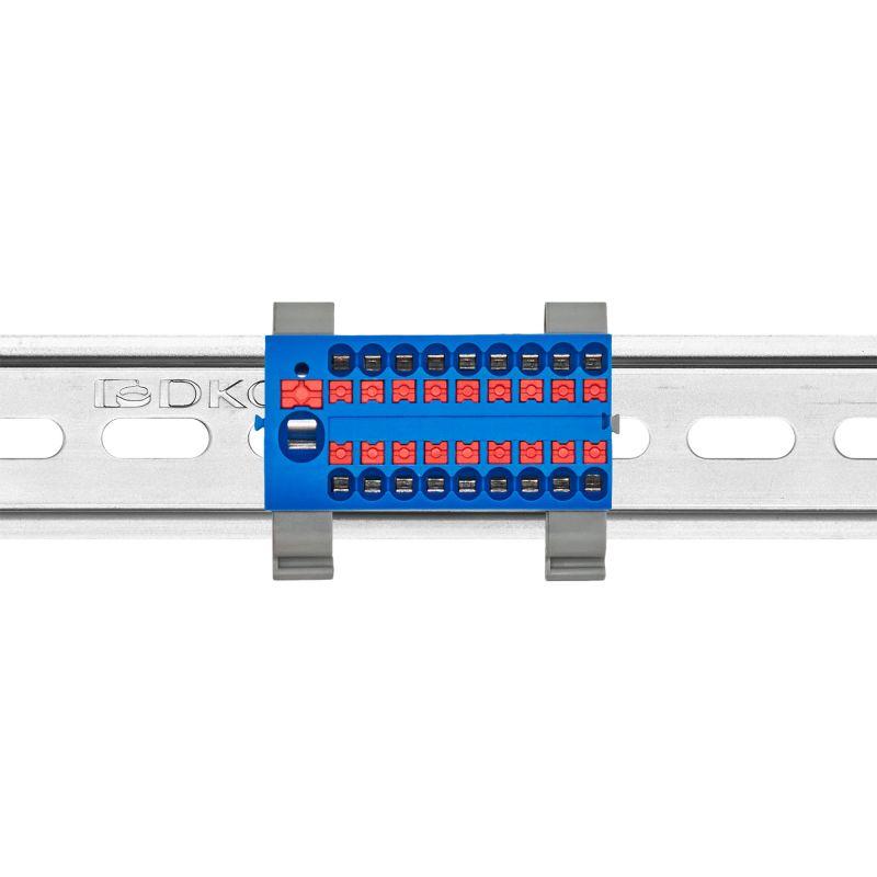 Блок распределительный с горизонт. адаптером на рейку шир. 35мм зажим push-in 1 ввод 6кв.мм 18 точек подключения 2.5кв.мм син. DKC DTP1-118-104SPUB-H