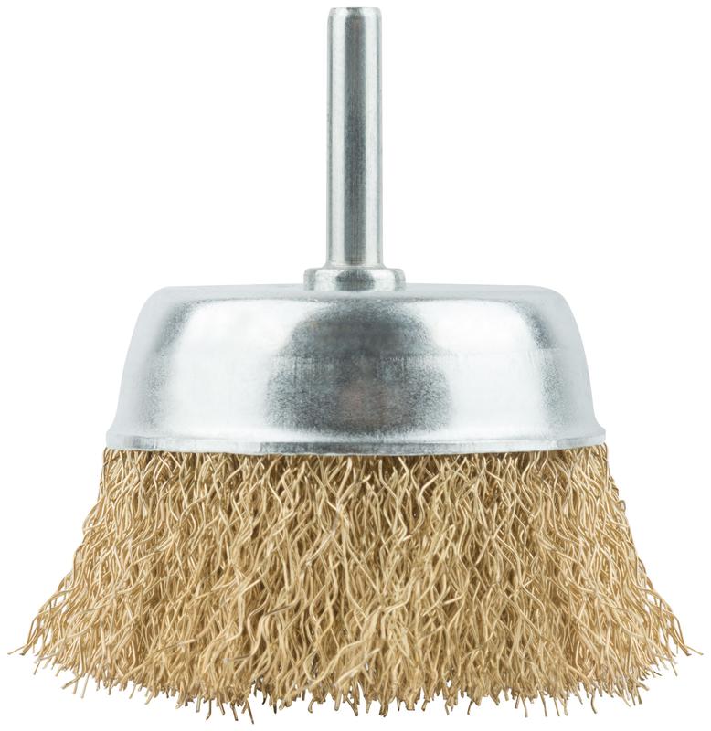 Корщетка тип "чашка" со штифтом стальная латунированная волнистая проволока 75мм MOS 38488М