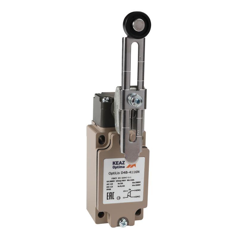 Выключатель концевой OptiLiS D4B-4118N рычаг регулируемый 50мм с роликом резинов. EN 50041 XCKJ10549H29 КЭАЗ 378996