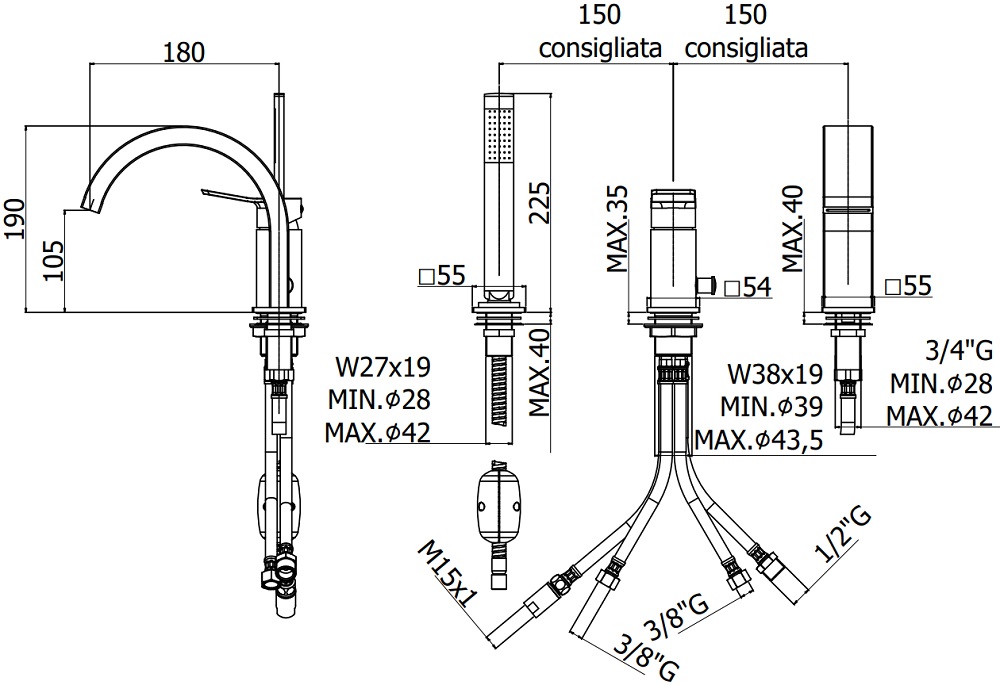 Смеситель на борт ванны Paffoni Tilt TI040CR