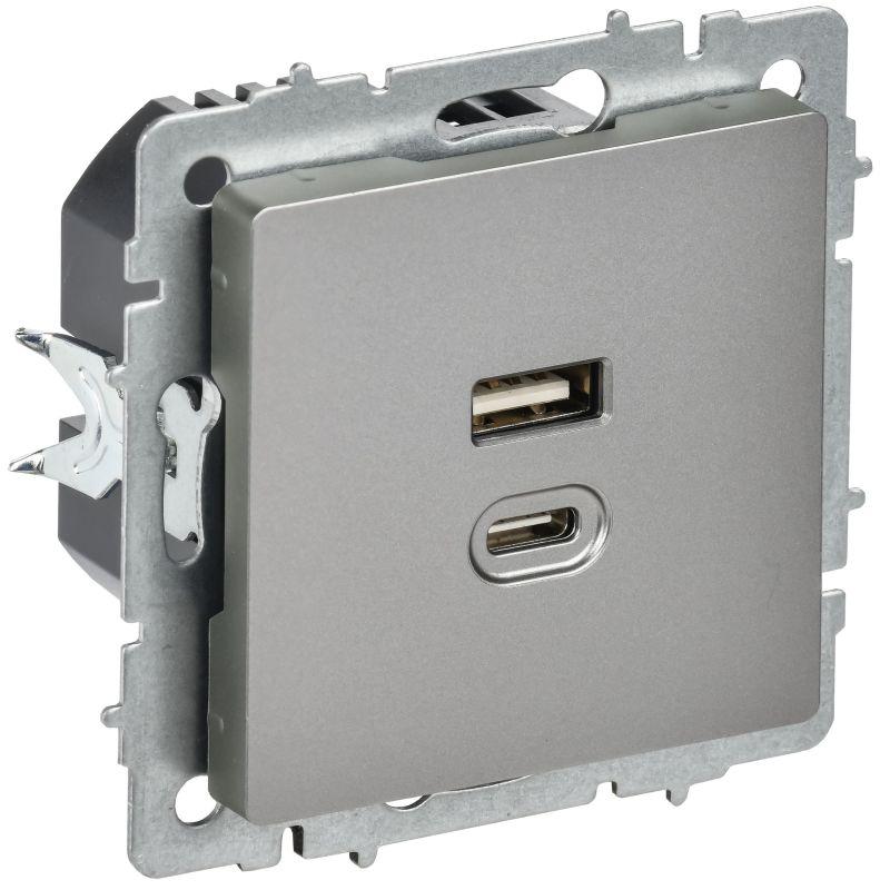 Розетка СП BRITE РЮ11-2-БрС USB A+C 45Вт высокоскор. заряд. сталь IEK BR-U22-045-K46