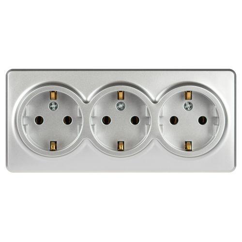 Розетка 3-м ОП Эксперт 11-2208-03 16А IP20 250В 3х2P+E Schuko с заземл. алюм. Эра Б0063010