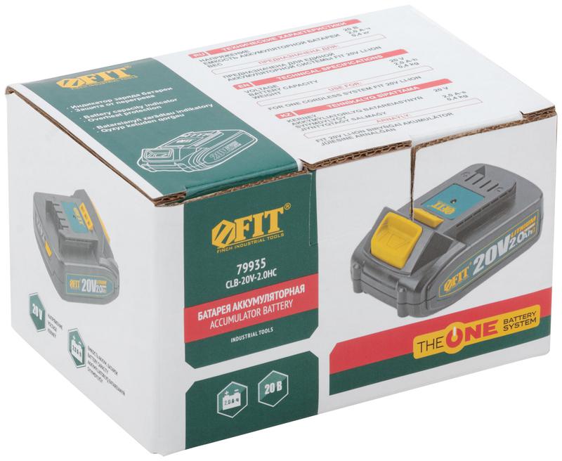 Батарея аккумуляторная 20В Li-Ion 2.0А.ч индикатор заряда FIT 79935