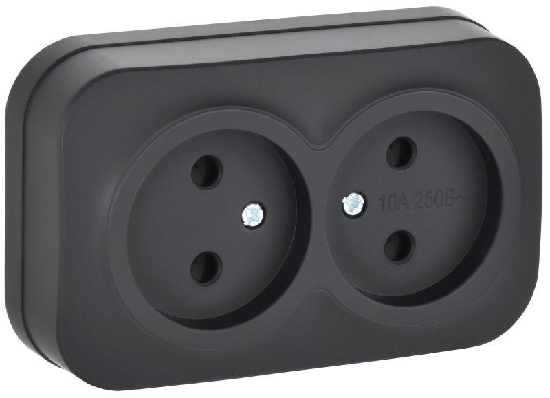 Розетка 2-м ОП GLORY РС22-2-ХЧм 10А без заземл. без защ. шторок черн. матов. IEK ERH20-K02M-10