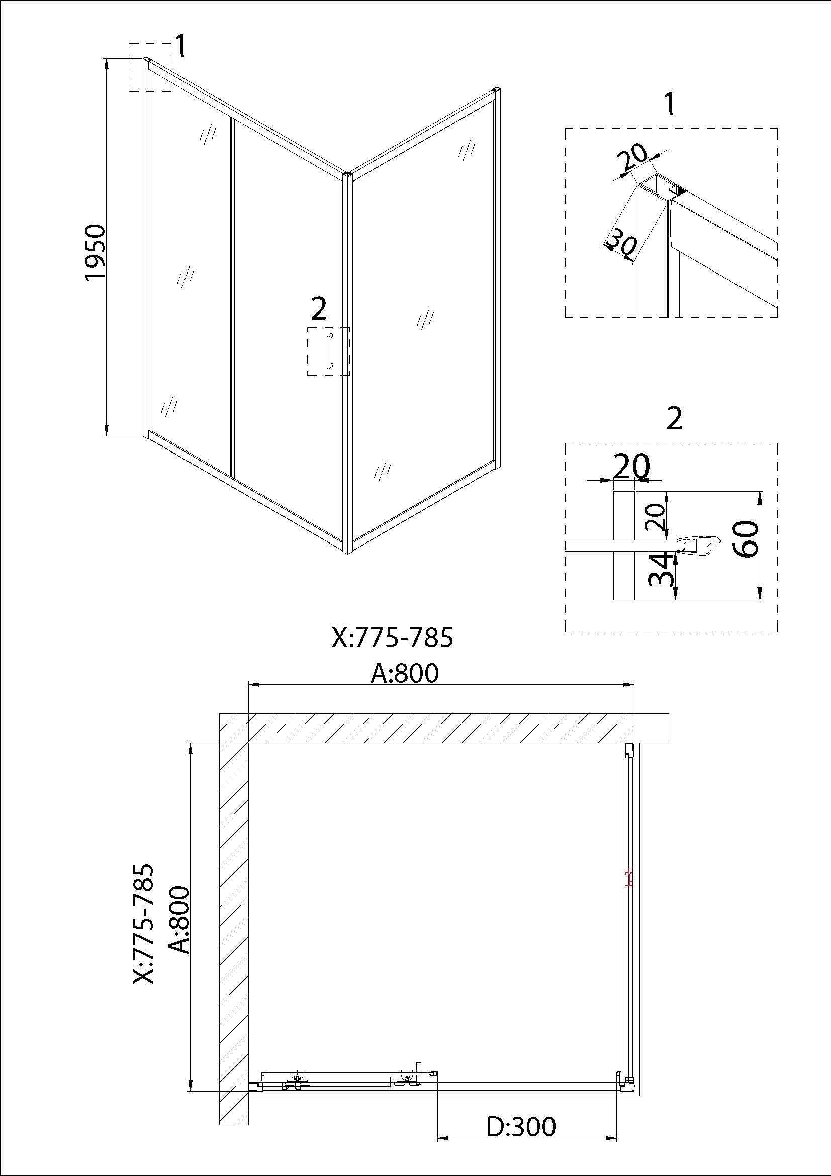 Душевое ограждение NG-62-8A-A80 (80*80*195) кавдрат, дверь раздвижная