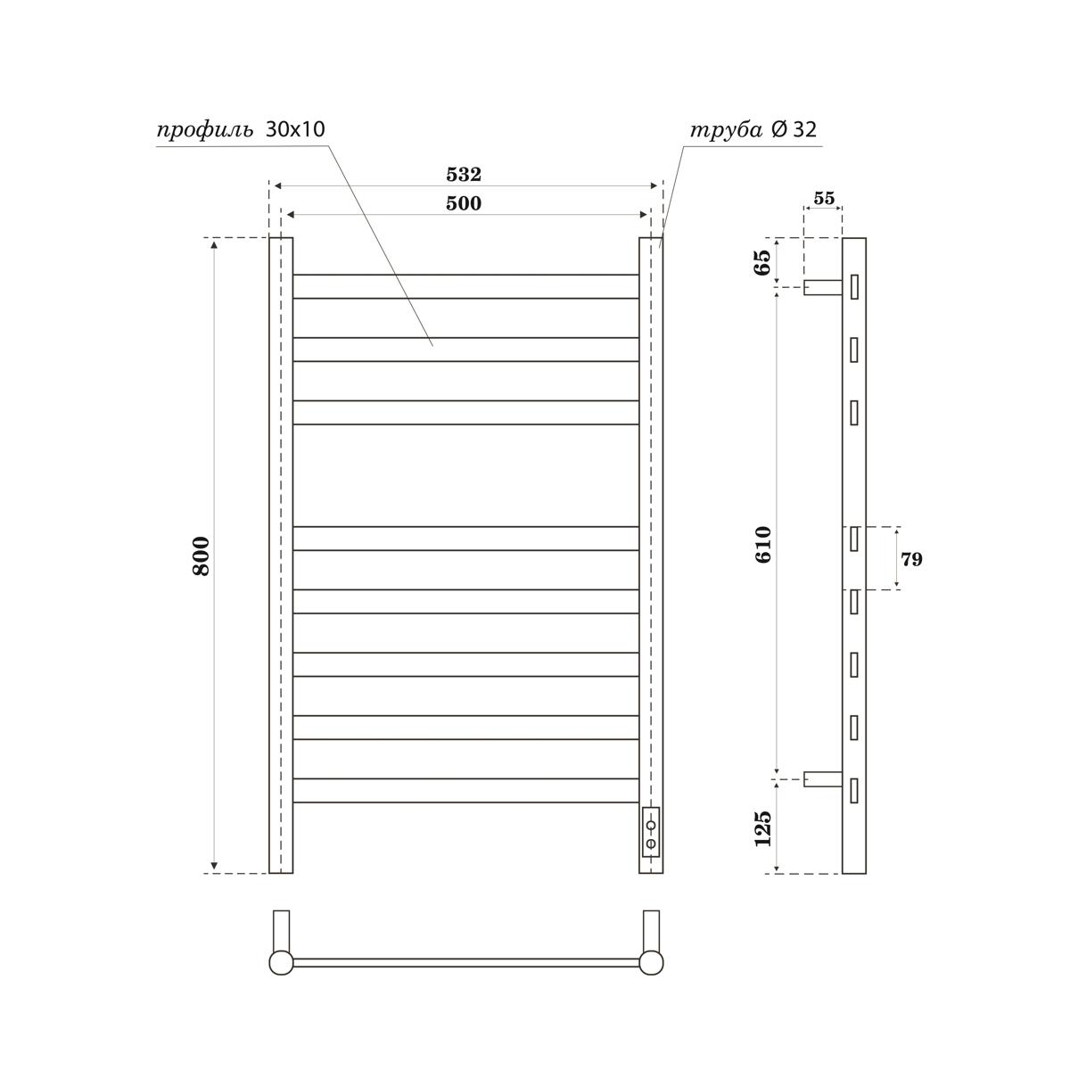 Полотенцесушитель электрический Point Селена PN16858GR П8 500x800, диммер справа, графит премиум