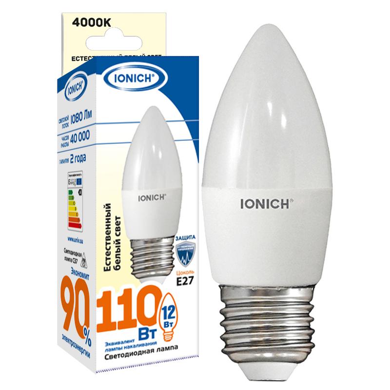 Лампа светодиодная C37 12Вт свеча 4000К E27 230В IONICH 1910