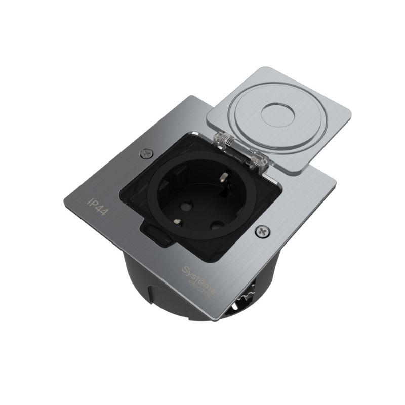 Лючок MultiDesk MDK21 с розеткой 2P+E 16А 250В IP44 с монтажной коробкой для стены фальшпола стола серебр. SE MDK21102SA