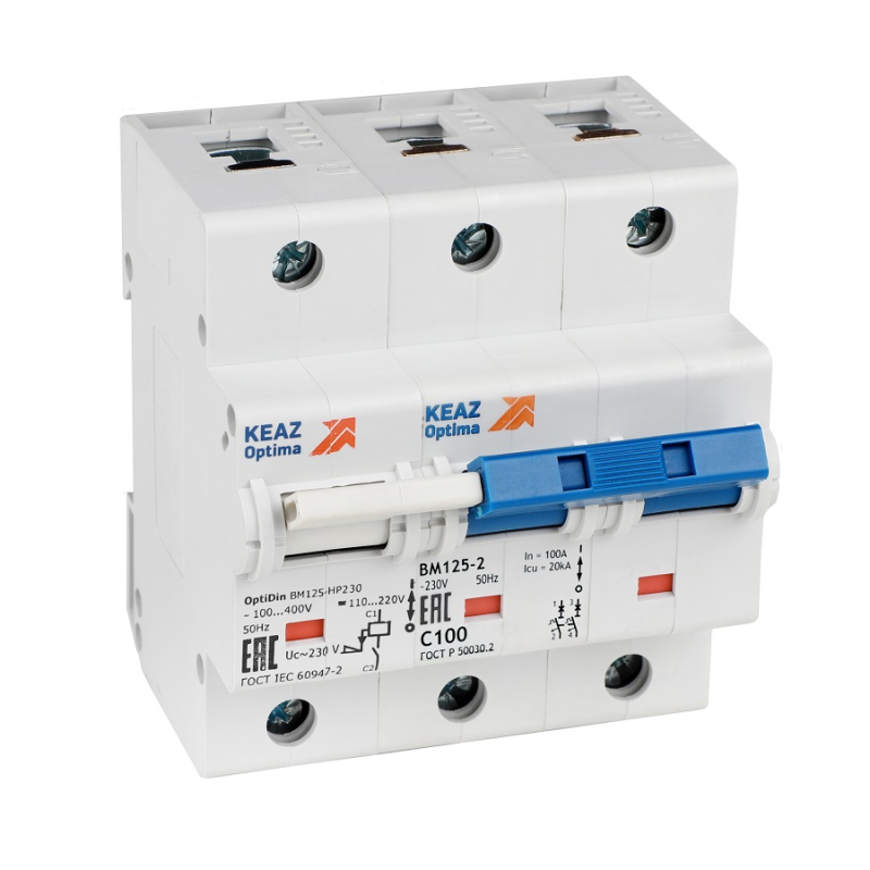 Выключатель автоматический модульный 2п D 100А 10кА OptiDin BM125-2ND100-НР-14ln-УХЛ3 с независимым расцепителем КЭАЗ 336376