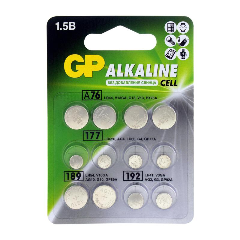 Набор алкалиновых элементов питания LR44 - 4шт; LR66 - 4шт; LR54 - 2шт; LR41 - 2шт (блист.12шт) GP 13805