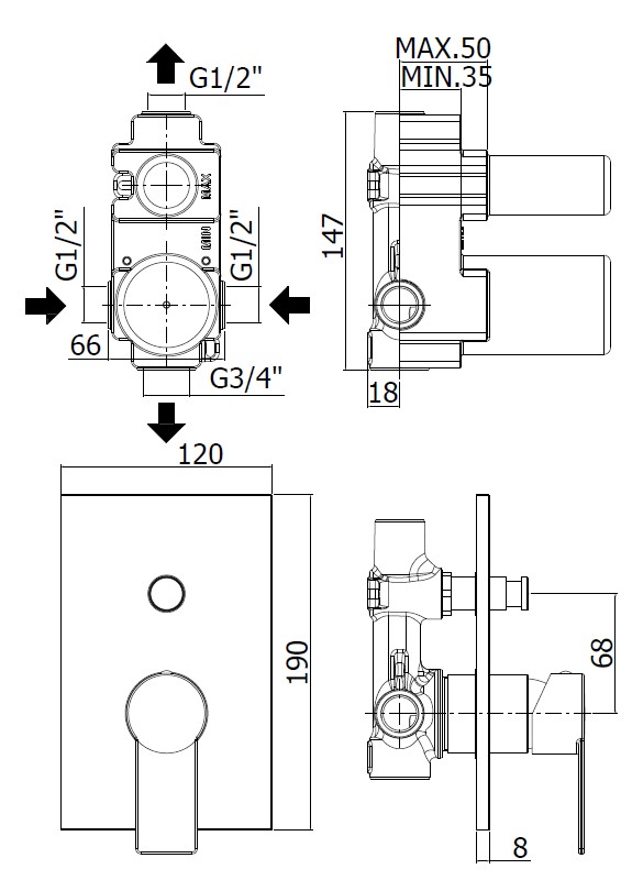 Смеситель встраиваемый для душа на 2 выхода Paffoni TANGO TA015CR/M встраиваемый на 2 выхода Хром