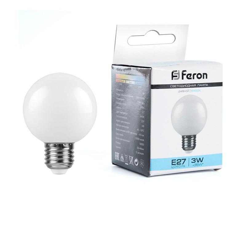 Лампа светодиодная 3Вт 230В E27 6400К G60 матов. LB-371 FERON 25902