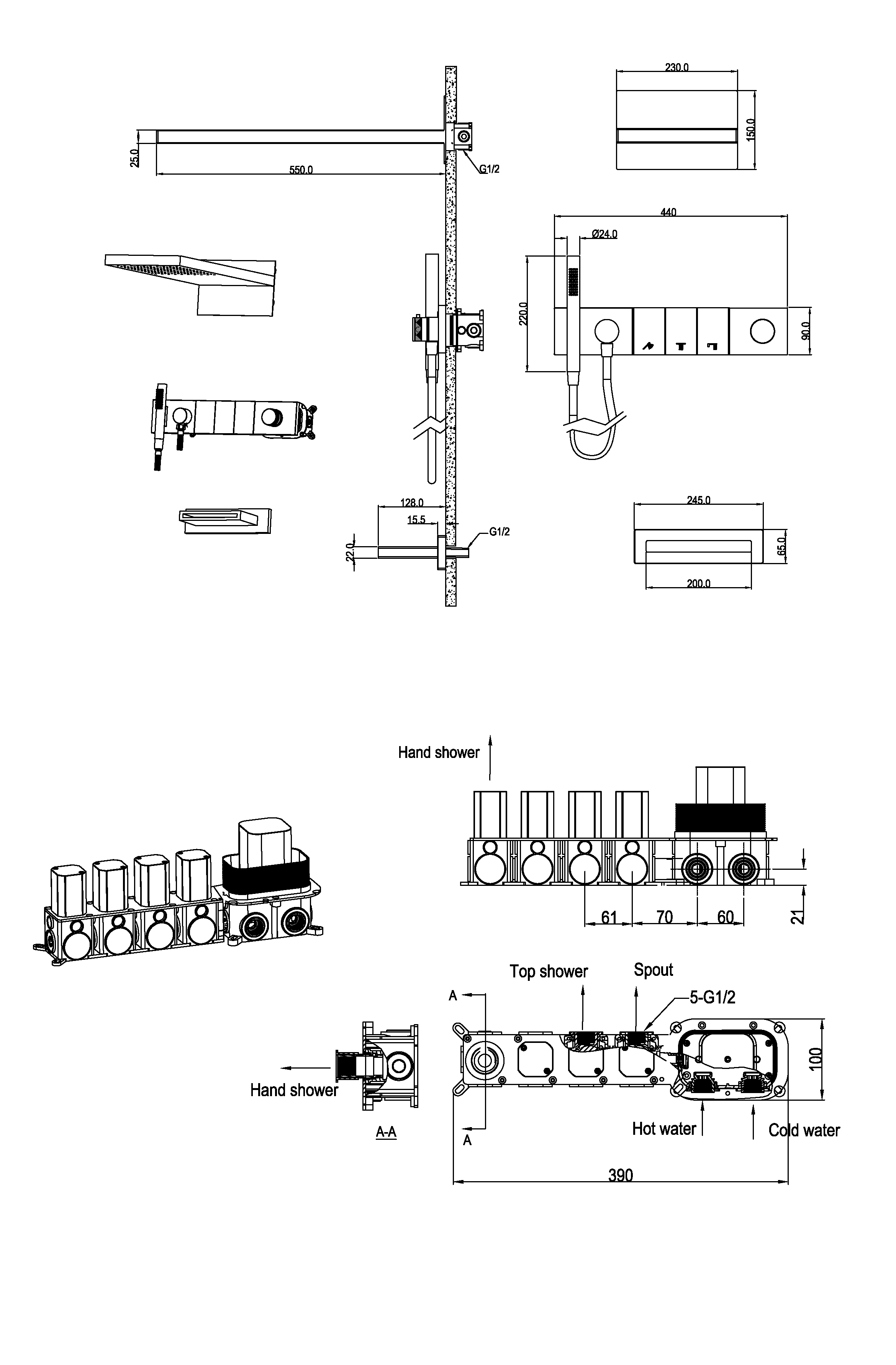 Встроенная душевая система  с изливом ZODIAC, трехпозиционная Copper Brushed