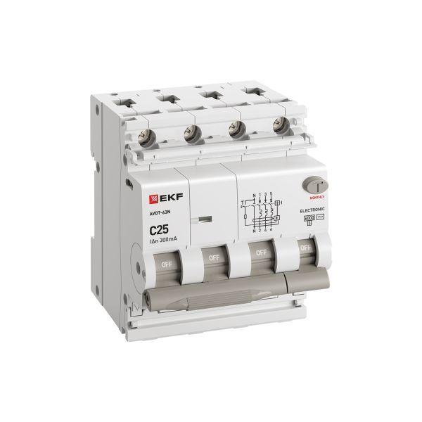 Выключатель автоматический дифференциального тока 4п (3P+N) C 25А 300мА тип AC 6кА АВДТ-63N электронный PROxima EKF D63N46E25C300