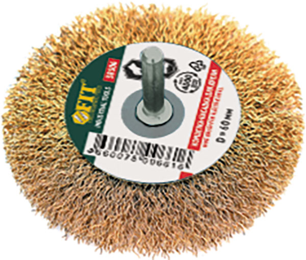 Корщетка-колесо, со штифтом, стальная латунированная волнистая проволока  50 мм