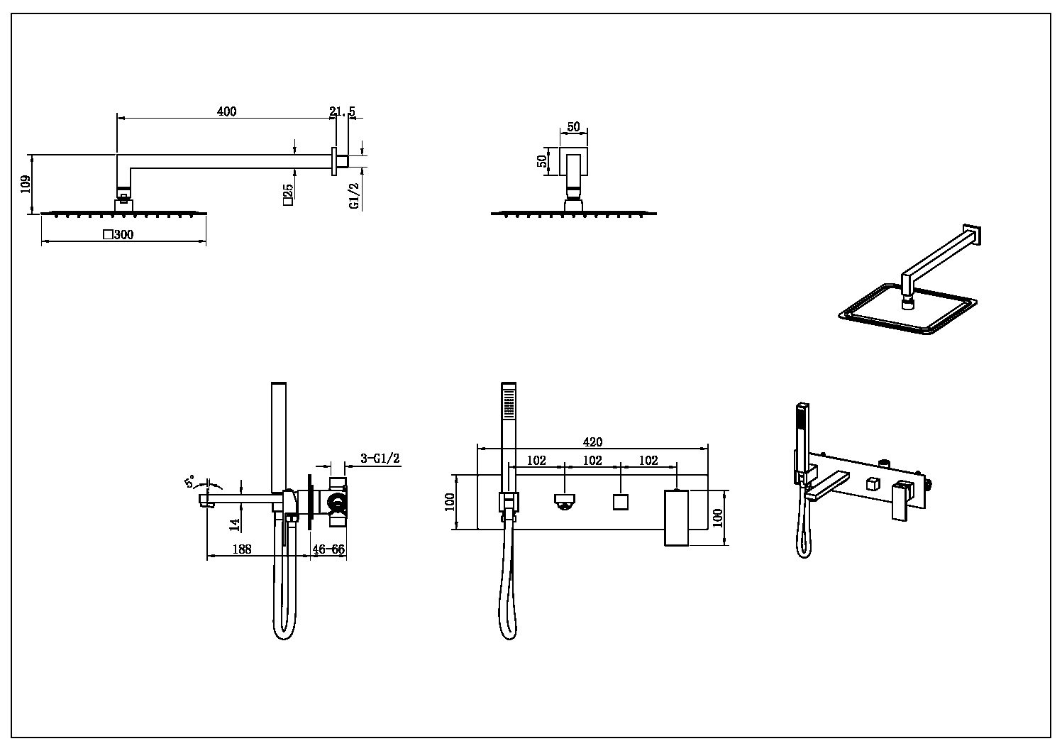 Смеситель встроенный + верхний+ ручной душ Qubic Brushed Bronze с изливом