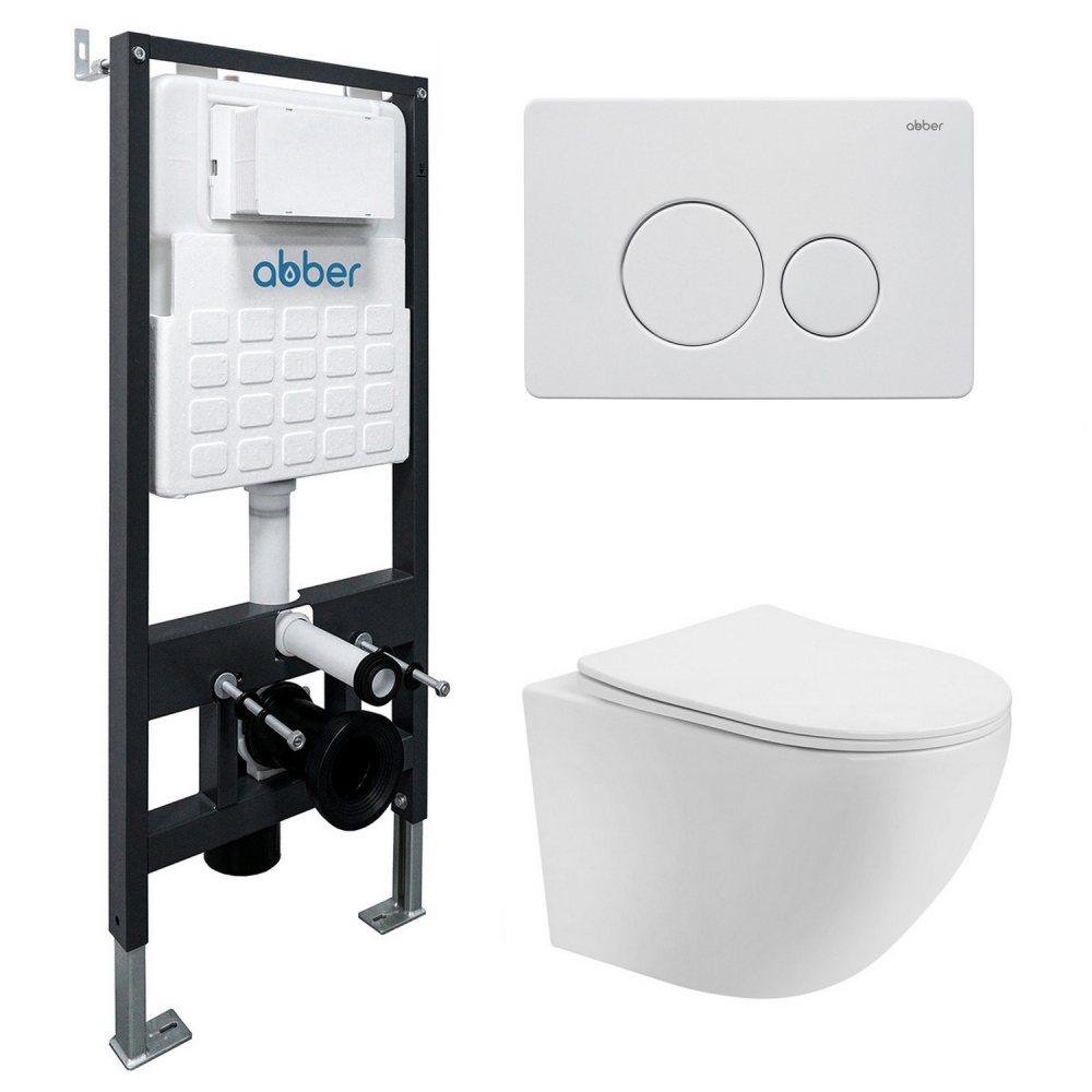 Комплект подвесной унитаз ABBER Bequem AC1100T белый с инсталляцией AC0105 и кнопкой AC0121MW белая матовая