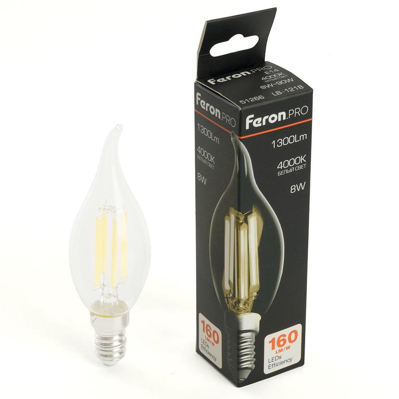 Лампа светодиодная 1300лм 8Вт 175-265В E14 4000К C35T прозрачн. LB-1218 FERON 51266