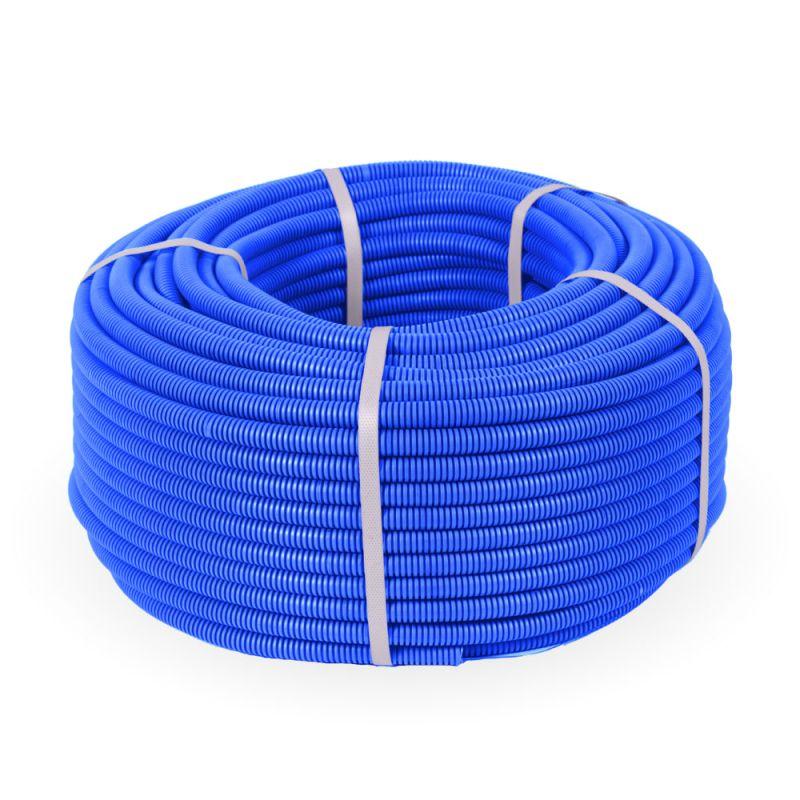 Труба гофрированная ПП тяжелая d20мм с протяжкой 750 Н безгалоген. (HF) син. (уп.100м) Промрукав PR02.0056