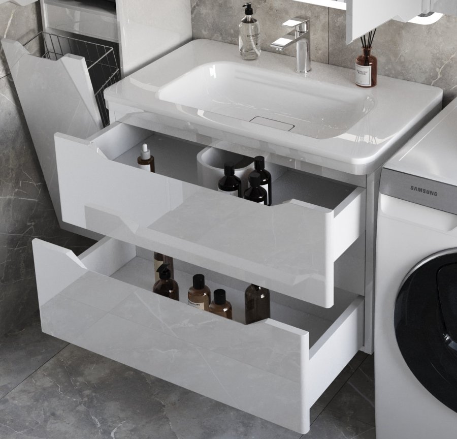 Тумба подвесная "Марелла 80" (2 ящ.) Люкс антискрейтч белый глянец, PLUS